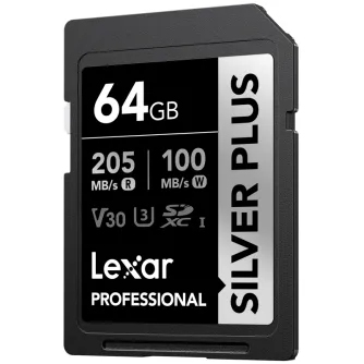 Lexar Professional SILVER PLUS SDXC UHS-I 64GB Memory Card with 205 MB/s Read Speed and 100 MB/s Write Speed for 4K Video Recording