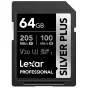 Lexar Professional SILVER PLUS SDXC UHS-I 64GB atmiņas karte ar 205 MB/s lasīšanas ātrumu un 100 MB/s rakstīšanas ātrumu, ideāli piemērota augstas veiktspējas fotogrāfijai un 4K video ierakstīšanai.