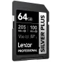 Close-up of Lexar Professional SILVER PLUS SDXC UHS-I memory card, 64GB, featuring 205 MB/s read speed, 100 MB/s write speed, V30, U3, and textured design.