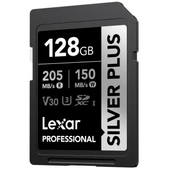 Lexar Professional SILVER PLUS 128GB SDXC UHS-I U3 V30 memory card featuring 205 MB/s read and 150 MB/s write speeds, ideal for high-performance 4K video and burst photography.