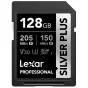 Lexar Professional SILVER PLUS 128GB SDXC UHS-I V30 memory card featuring 205 MB/s read and 150 MB/s write speeds, designed for 4K video and burst photography.