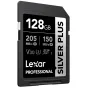 Lexar profesionāla SILVER PLUS 128GB SDXC UHS-I V30 atmiņas karte ar 205 MB/s lasīšanas un 150 MB/s rakstīšanas ātrumu, paredzēta 4K video ierakstīšanai un augstas ātruma sērijveidošanai.