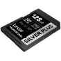 Lexar Professional SILVER PLUS 128GB UHS-I/U3/A2 SDXC memory card featuring 205 MB/s read and 150 MB/s write speeds, designed for 4K video and burst photography.