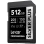 Lexar Professional SILVER PLUS 512GB SDXC UHS-I Memory Card with 205MB/s Read Speed and 150MB/s Write Speed, featuring V30 rating and U3 support.