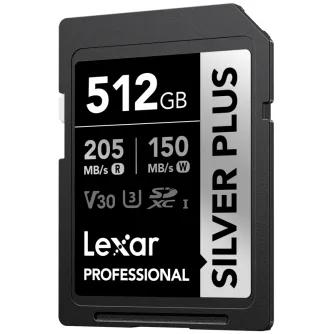 Lexar Professional SILVER PLUS 512GB SDXC UHS-I Memory Card with 205MB/s Read Speed and 150MB/s Write Speed, featuring V30 rating and U3 support.