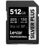 Lexar Professional Silver Plus 512GB SDXC memory card, 205MB/s read, 150MB/s write, V30, UHS-I, front side label