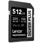 Lexar Professional Silver Plus 512 GB SDXC UHS‑I atmiņas karte, priekšējais skats, 205 MB/s lasīšanas ātrums, 150 MB/s rakstīšanas ātrums, V30, U3, A2, 4K gatava.