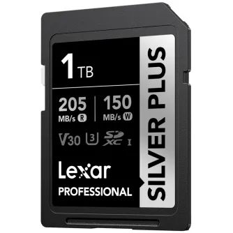 Lexar Professional SILVER PLUS 1TB SDXC UHS-I atmiņas karte ar 205MB/s lasīšanas ātrumu un 150MB/s rakstīšanas ātrumu, ar V30 un U3 klasifikāciju.
