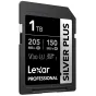 Lexar Professional SILVER PLUS 1TB SDXC UHS-I karte ar 205MB/s lasīšanas ātrumu un 150MB/s rakstīšanas ātrumu, piemērota 4K video ierakstīšanai.