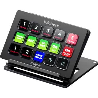 YOLODECK стриминговый контроллер с 15 настраиваемыми LCD-клавишами, предлагающий функции такие как 'REC', 'GO LIVE' и 'START REPLAY'.