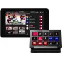 Контроллер YoloDeck для стриминга с 15 настраиваемыми LCD-кнопками, подключенный к YoloBox YB-DECK, отображающий контент живых спортивных трансляций и платформы стриминга, такие как PR Space и Facebook Live.