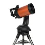 Телескоп Celestron NexStar 5 SE Goto, установленный на штативе с черной панелью управления и серебряными ногами, с оранжевой трубой и черным окуляром.