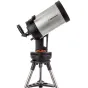 Телескоп Celestron NexStar Evolution 8, установленный на штативе с черным и серебристым корпусом, с логотипом Celestron, слегка наклонен вверх с черным окуляром и красным акцентом на креплении.