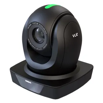 RGBlink VUE PTZ Камера с 12-кратным оптическим зумом, глянцевой отделкой, зеленым индикатором и видимыми отметками объектива на квадратной базе.