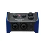 Аудиоинтерфейс Zoom AMS-24 с двумя комбинированными входами XLR/TRS, четырьмя регуляторами с надписями 'MIC', 'GUITAR', 'SIG 1', 'SIG 2' и 3.5mm разъемом для наушников, включен с красным светодиодом.