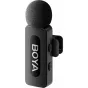 Boya BY-V10 V2 ultra-compact wireless lavalier microphone transmitter with USB-C port, side view showing clip attachment and windshield