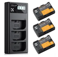 K&F Concept triple USB charger with LCD display for 3 LP-E6NH 2250mAh Canon camera batteries, showing front and back views of the batteriesK&F Concept triple USB charger with LCD display for 3 LP-E6NH 2250mAh Canon camera batteries, showing front and back views of the batteries