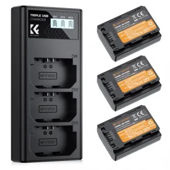 K&F Concept NP-FZ100 2280mAh triple slot LCD camera battery charger with three Sony-compatible batteries, front and back view