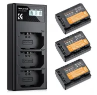 Зарядное устройство K&F Concept NP-FZ100 2280мА с ЖК-дисплеем для трёх батарей и комплект из 3 совместимых с Sony аккумуляторов, вид спереди и сзадиЗарядное устройство K&F Concept NP-FZ100 2280мА с ЖК-дисплеем для трёх батарей и комплект из 3 совместимых с Sony аккумуляторов, вид спереди и сзади