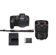 Канон EOS R8 зеркальная фотоаппаратная система с объективом RF 24-105mm f/4L, черная ремешок, зарядное устройство и аккумулятор LP-E17, все представлено как комплект на белом фонеКанон EOS R8 зеркальная фотоаппаратная система с объективом RF 24-105mm f/4L, черная ремешок, зарядное устройство и аккумулятор LP-E17, все представлено как комплект на белом фоне