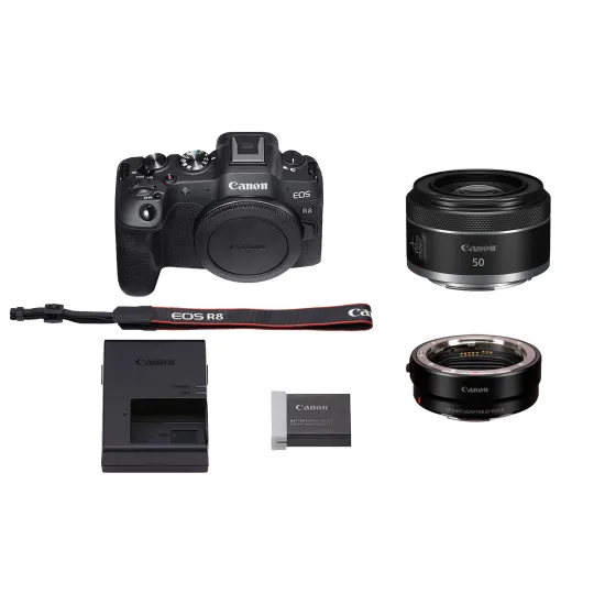 Canon EOS R8 RF 50mm F1.8 STM Lens + Mount Adapter EF-EOS R