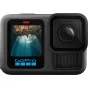 GoPro HERO13 Black action camera with floating hand grip and carrying case, featuring a 2.27” rear touchscreen displaying underwater footage and a front lens for 5.3K video capture.