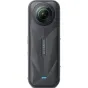 Rear view of the black Insta360 X5 8K 360-degree action camera, featuring a dual-lens assembly, textured surface with 'Insta360 X5' engraving, indicator light, and built-in speaker grille, all against a plain white background.