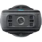 Insta360 X5 8K 360-degree action camera front view featuring a central lens, textured grip, multiple buttons, and waterproof design.