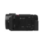 Panasonic HC-VX3 4K camcorder featuring HDMI port, USB Type-C terminal, menu button, HDR and battery indicators, with a partially visible lens on the left side.