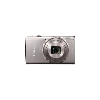 Серебряная компактная камера Canon IXUS 285 HS с 12-кратным оптическим зумом и встроенным Wi-Fi, оснащённая 20,2 МП сенсором и процессором DIGIC 4+, представлена спереди на белом фоне.