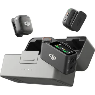 DJI Mic 3 wireless microphone system with clip-on transmitters, compact receiver featuring an AMOLED touchscreen, dial controls, and charging case for high-quality audio recording