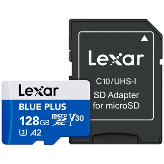 Atmiņas kartes - LEXAR MICROSDHC BLUE PLUS UHS-I WITH SD ADAPTER, UP TO 170MB/S READ C10/A2/U3 (V30) 128GB LMSBLPL128G-BNANG - ātri pasūtīt no ražotāja