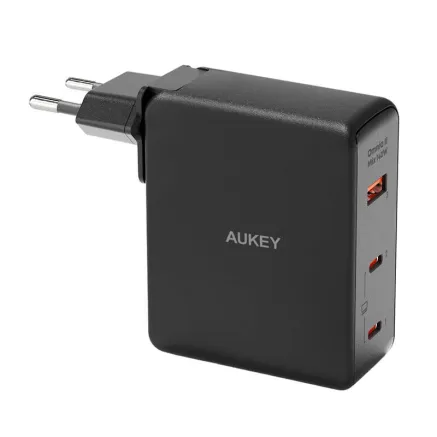 Wall charger Aukey PA-B7O, 1xUSB-A, 2xUSB-C, 140W GaN (black