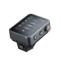 Godox X3Pro C 2.4G touchscreen TTL transmitter mounted on Canon camera, side view with active display showing lighting groups A, B, C, D and battery status