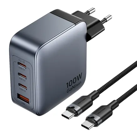 Vention power charger 3x USB-C, 1x USB-A, (100W/100W/30W/30W) (grey) with USB-C to USB-C cable (1m) (black)