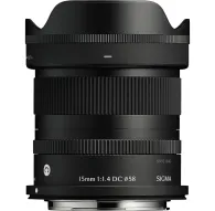 Sigma 15mm f/1.4 DC Contemporary Canon RF APS-C ultra-wide prime lens front view with focus ring and splash-resistant designSigma 15mm f/1.4 DC Contemporary Canon RF APS-C ultra-wide prime lens front view with focus ring and splash-resistant design