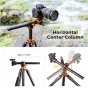 K&F Concept T255A3+BH-28L tripod with a horizontal center column and detachable monopod, shown with a DSLR camera mounted, highlighting the 360° rotating column and 35 cm extension.