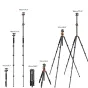 K&F Concept T255A3+BH-28L kameras stāviss parādīts dažādās konfigurācijās, no kompaktā slēgta izmēra līdz pilnīgi izvirzotam 195 cm garuma, ar 360° kroglo balo un noņemam monopodu.