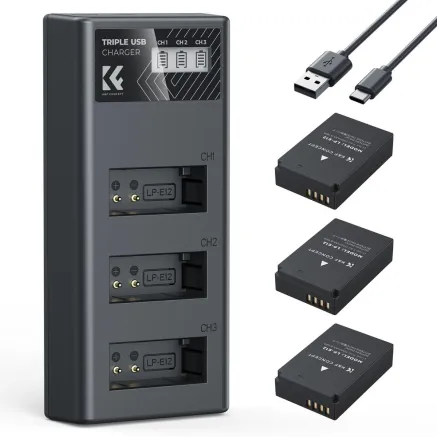 K&F Concept K&F LP-E12 Kameras Akumulators 1100mAh 3-paku Lādētājs