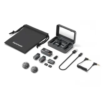 Saramonic Air 01 bezvadu mikrofonsistēma ar 48 kHz 24-bit audio, kompakts pārraidītājs ar krāsu displeju, divi uztvērēji, uzlādes korpuss, USB-C un 3.5 mm kabeļi, savīti 3.5 mm TRS kabelis, divi vējsargi, jostas klips un nēsāšan