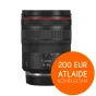 Canon RF 24-105mm f/4L IS STM zoom lens with red accent ring, featuring 5-stop image stabilization and Nano USM autofocus for sharp low-light photography, displayed against 200 EUR discount offer for complete camera kit purchase