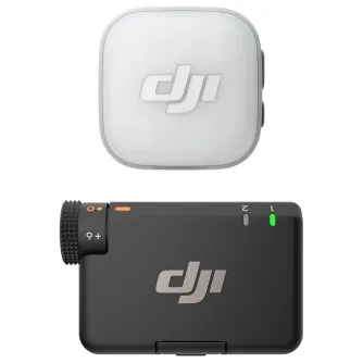 DJI Mic Mini 2 wireless microphone set with white transmitter and black receiver, featuring a textured grip, orange indicator lights, and a green power indicator.