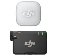 DJI Mic Mini 2 wireless microphone set with white transmitter and black receiver, featuring a textured grip, orange indicator lights, and a green power indicator.DJI Mic Mini 2 wireless microphone set with white transmitter and black receiver, featuring a textured grip, orange indicator lights, and a green power indicator.