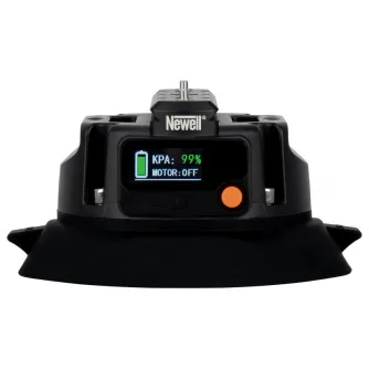 Newell Vacuum Suction Cup NL5332 black holder clamp with digital display showing 99% battery and motor off, orange power button, suction cup base, top view