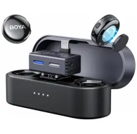 Boya Boyalink 3-02 wireless microphone kit with open charging case showing two transmitters, USB-C and 3.5 mm adapters, and illuminated receiver with AI noise cancellation displayBoya Boyalink 3-02 wireless microphone kit with open charging case showing two transmitters, USB-C and 3.5 mm adapters, and illuminated receiver with AI noise cancellation display