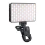 Neewer BL120B clip-on LED selfie light with diffuser, attached to a mounting clamp, illuminated with adjustable brightness for professional video calls and streaming