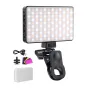 NEEWER BL120B clip-on LED selfie light with warm white LEDs, featuring a flexible clamp, cold shoe adapter, USB charging cable, six colored filters, silicone diffuser, and battery block.
