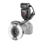 Neewer RF1-C gredzenblits ar 76Ws jaudu un GN15, piestiprināts pie Canon EOS kameras, nodrošinot vienmērīgu apgaismojumu un kompakto dizainu makrofotogrāfijai