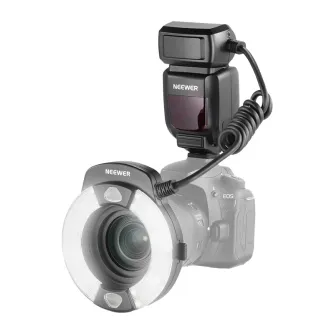 Neewer RF1-C ring flash with 76Ws power and GN15 mounted on Canon EOS camera, providing even lighting and compact design for macro photography