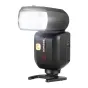 Neewer Z880-C flash with lithium battery, front and side view on a mini stand